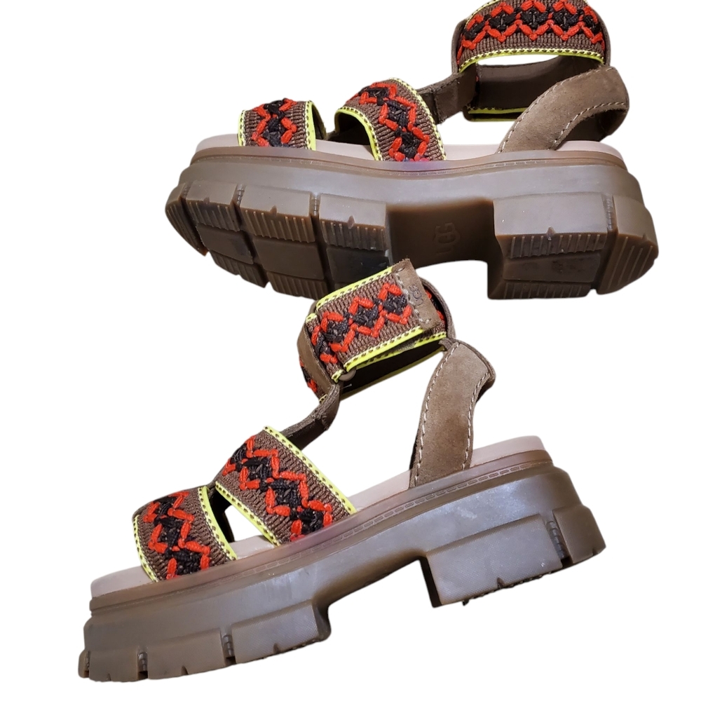 UGG Brown Platform Sandals with Red and Neon Yellow Braided Straps